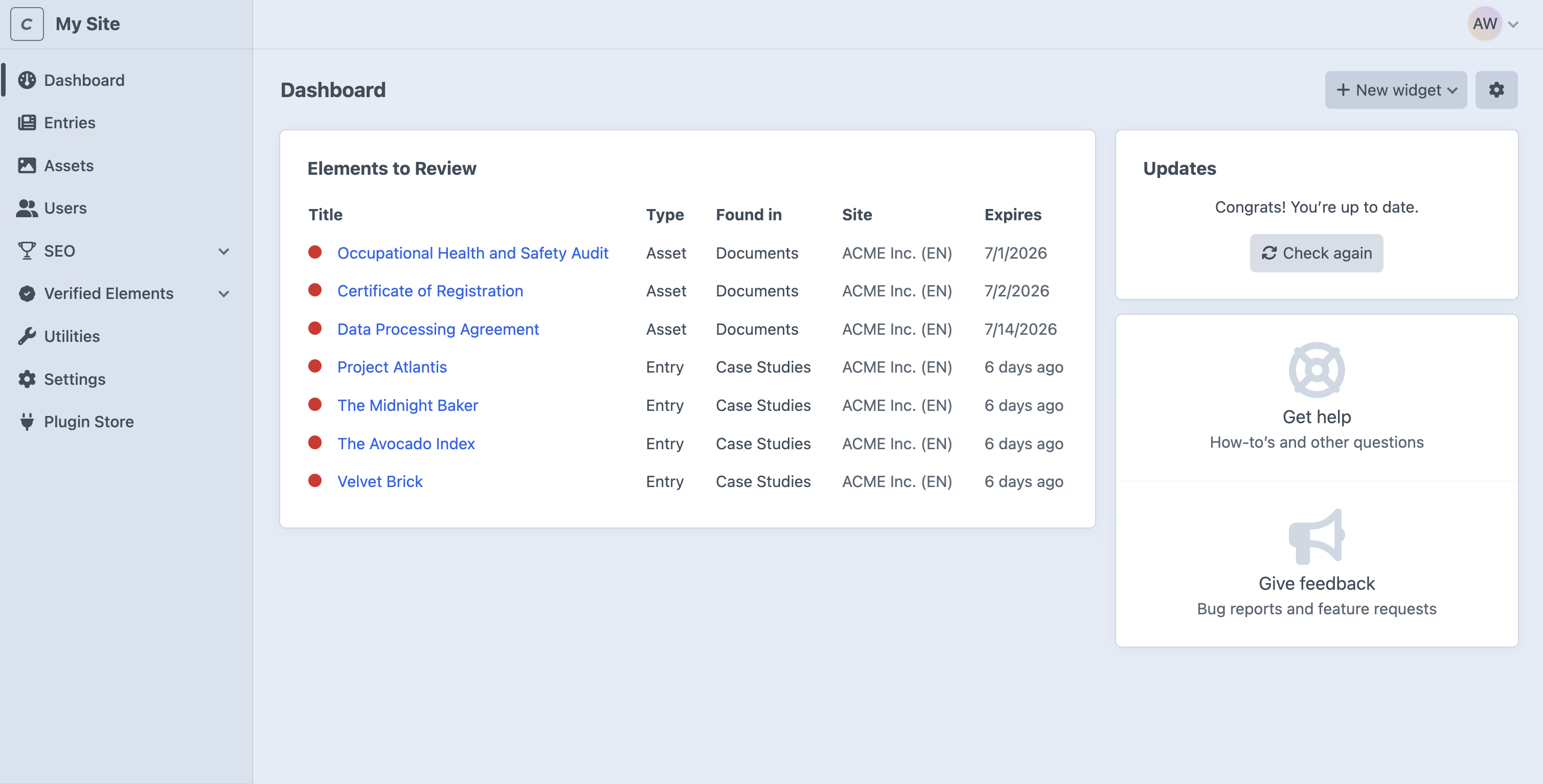 Dashboard widget: elements to review