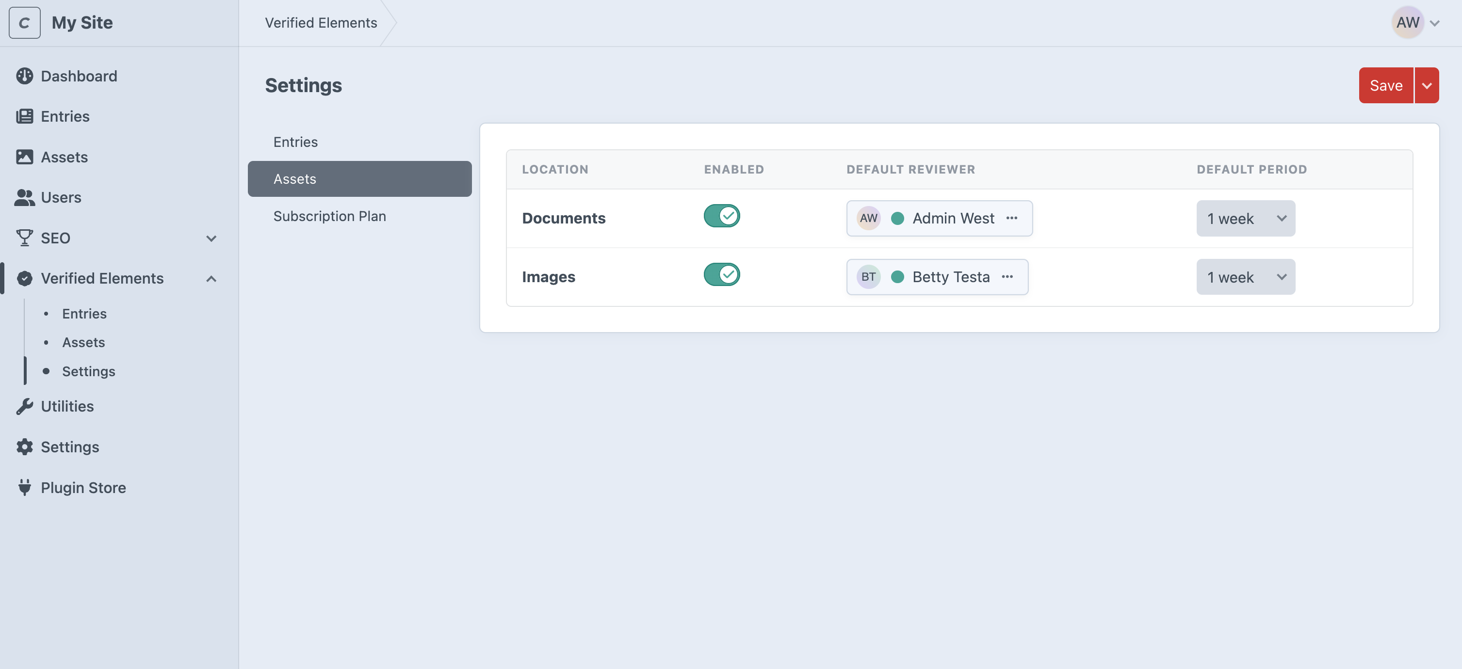 Asset section settings