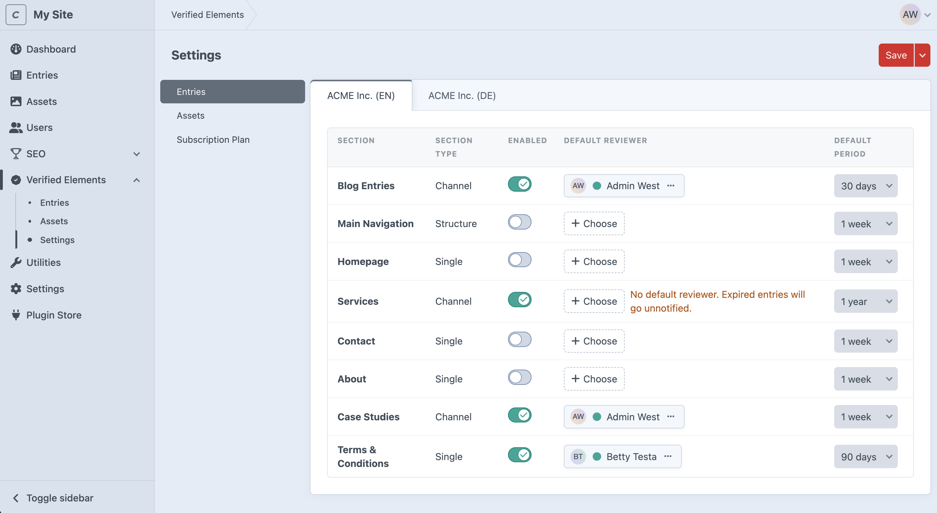 Entry section settings