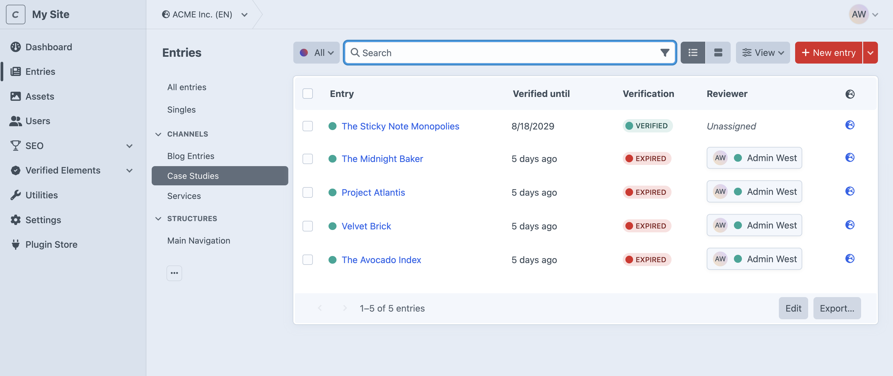 Entries index with verification columns