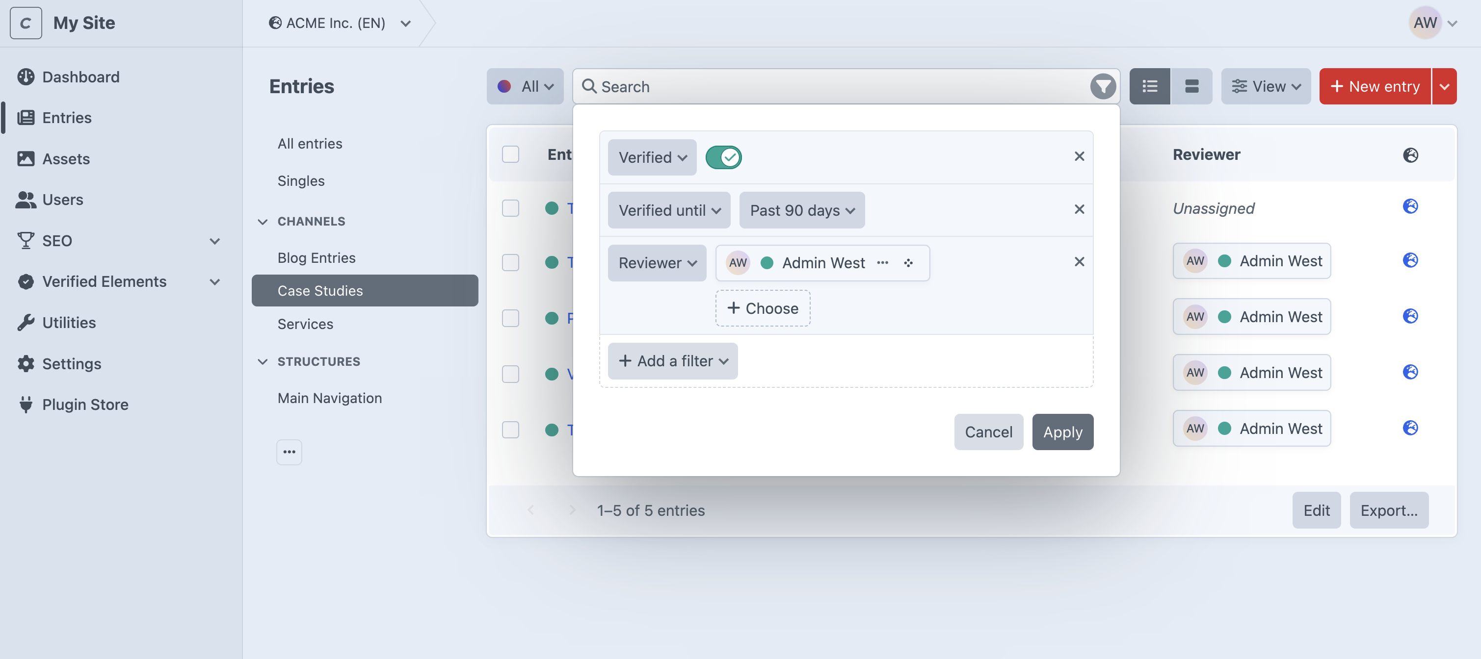 Filtering lists by verification state